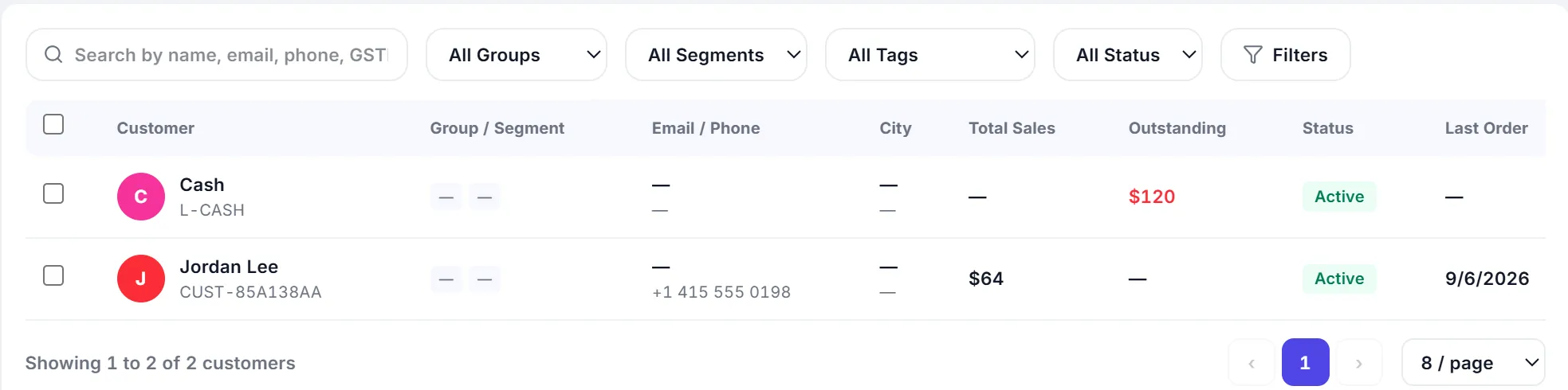 The customers list: group, contact, total sales, outstanding, status and last order.