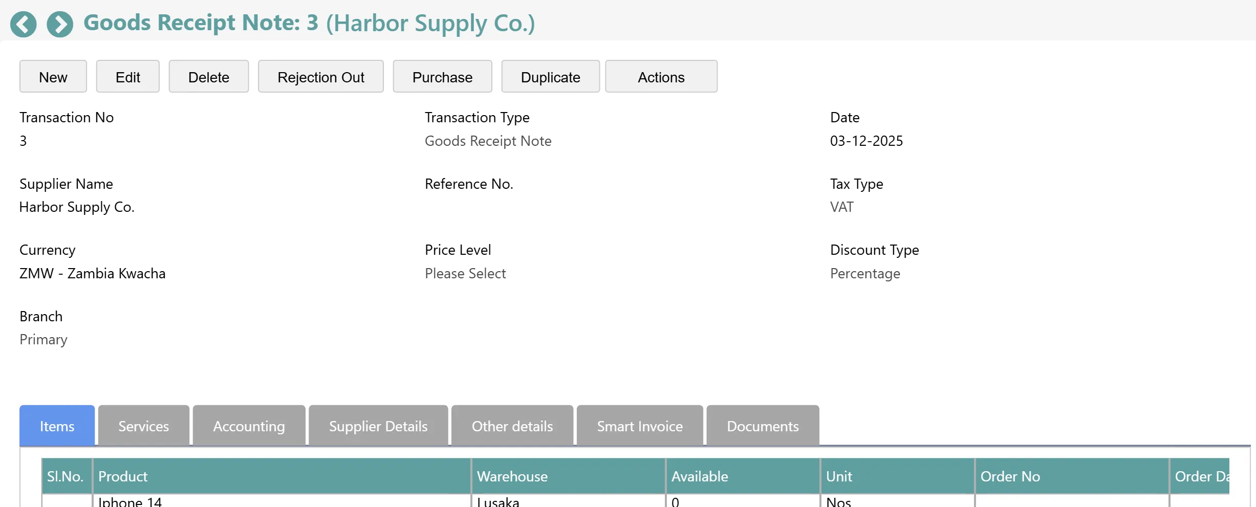 A goods receipt note recording stock received against a purchase order.