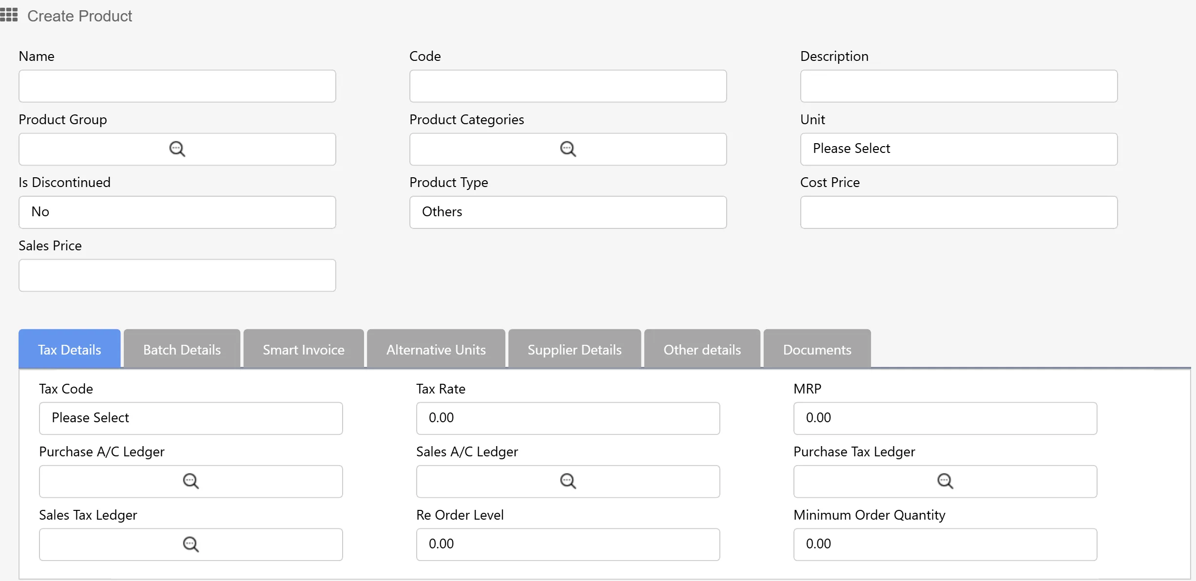 Create Product: name, code, group, unit, cost and sales price, with tax, batch, alternative units and supplier details.