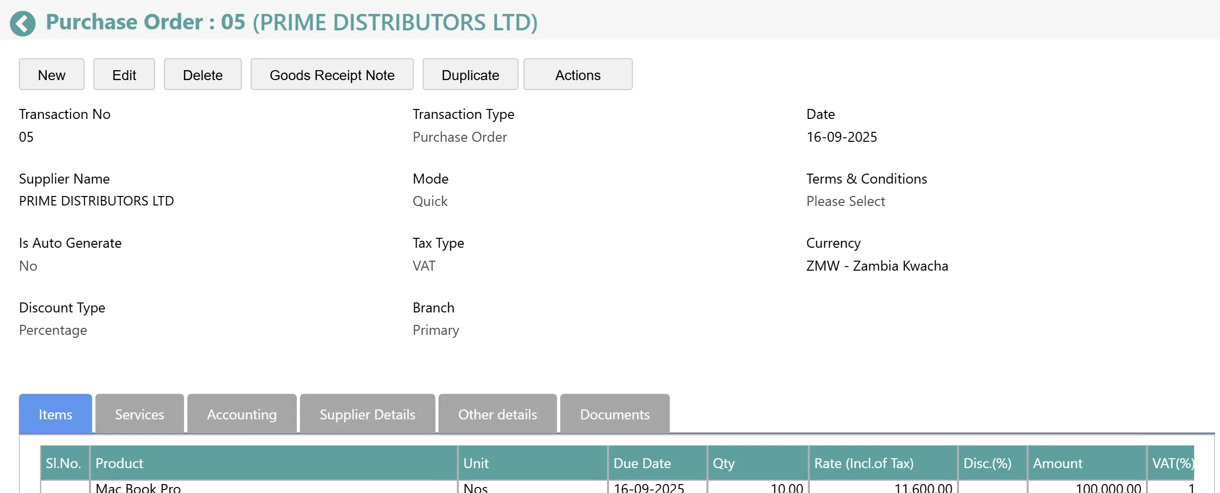 A purchase order to a supplier with items, quantities and rates.
