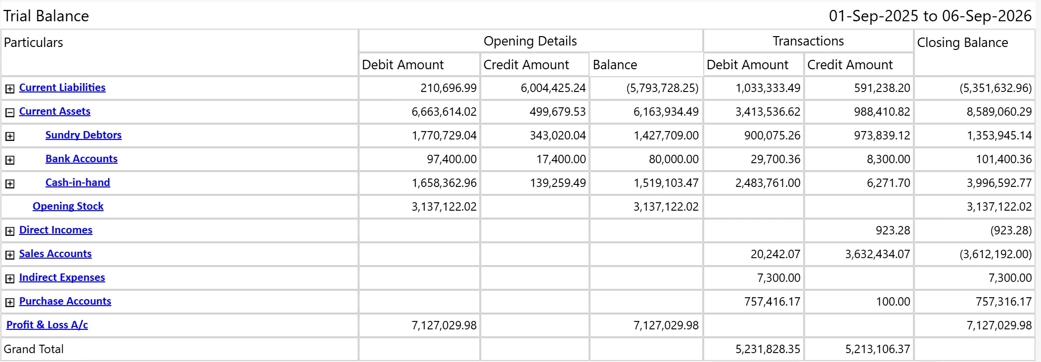 Trial Balance: opening, transactions and closing balances by account group.