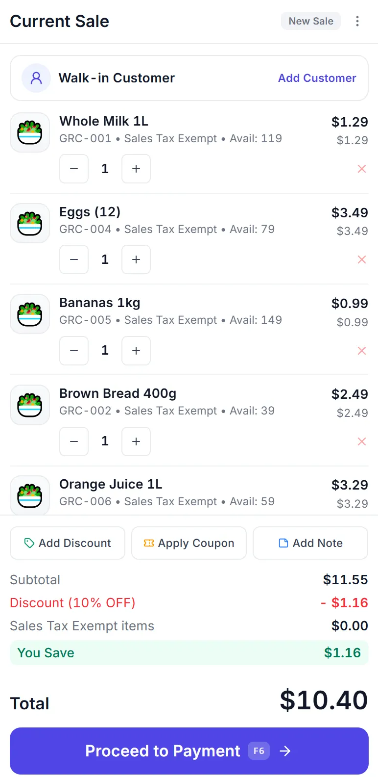 The POS cart with items, quantities, line totals and the customer selected.