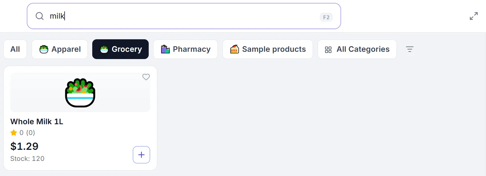 The POS product search: results as you type, with price and stock on each card.