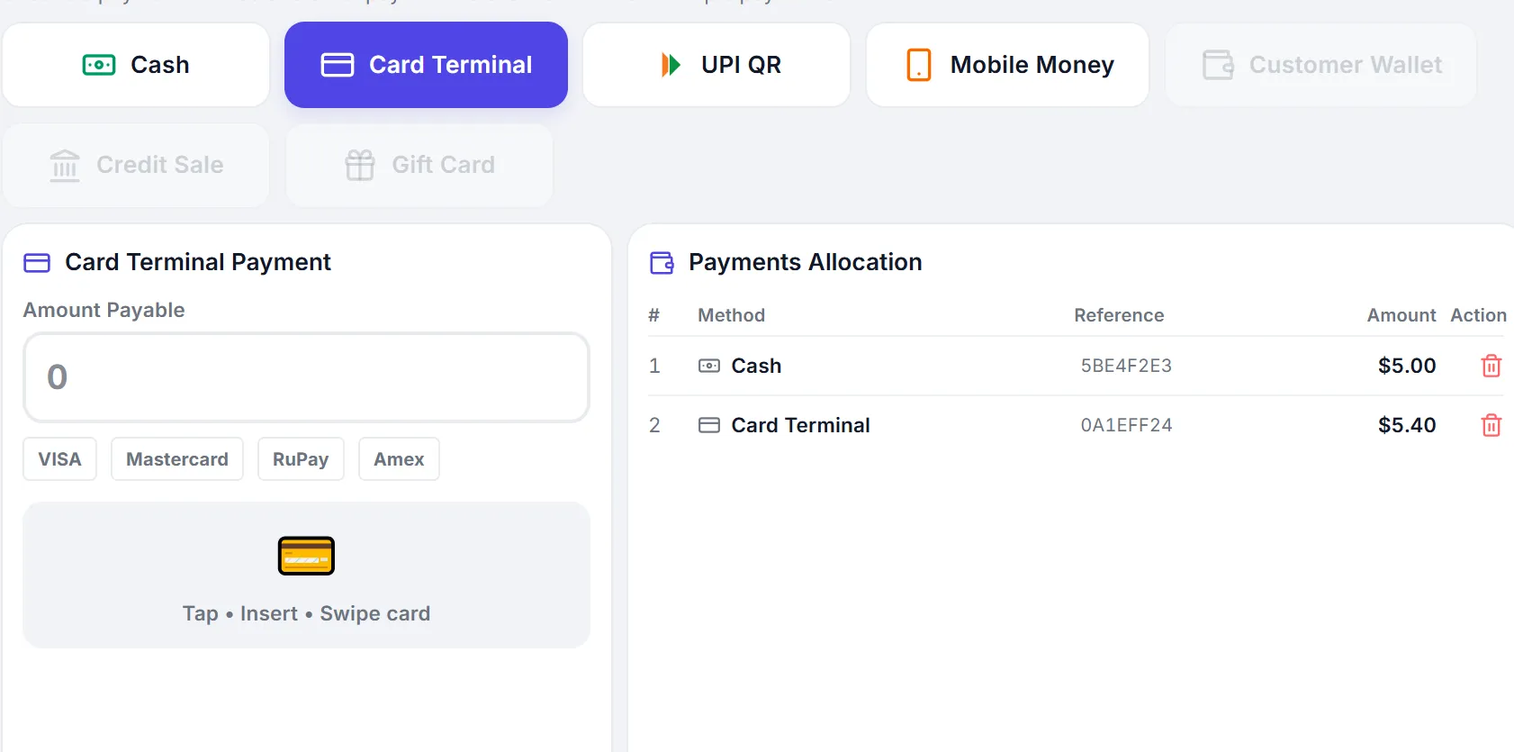 The PeppyBooks payment screen: cash, card terminal, UPI and mobile money tenders, a split of $5.00 cash and $5.40 card on a $10.40 bill, and receipt delivery by print, WhatsApp, email or SMS.