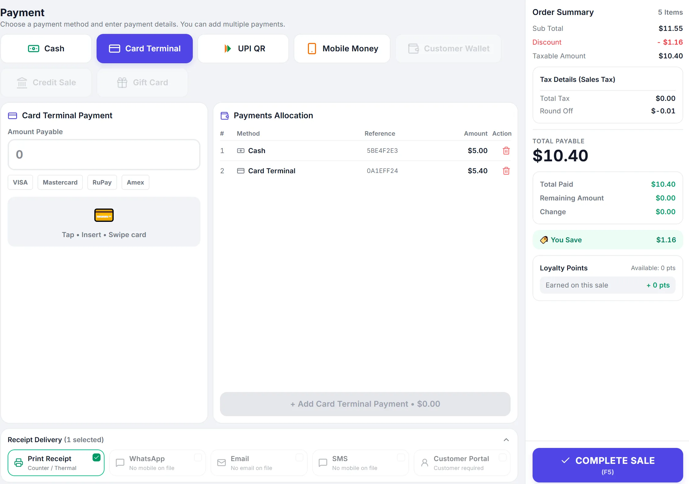 The PeppyBooks payment screen with a split tender and receipt delivery options.
