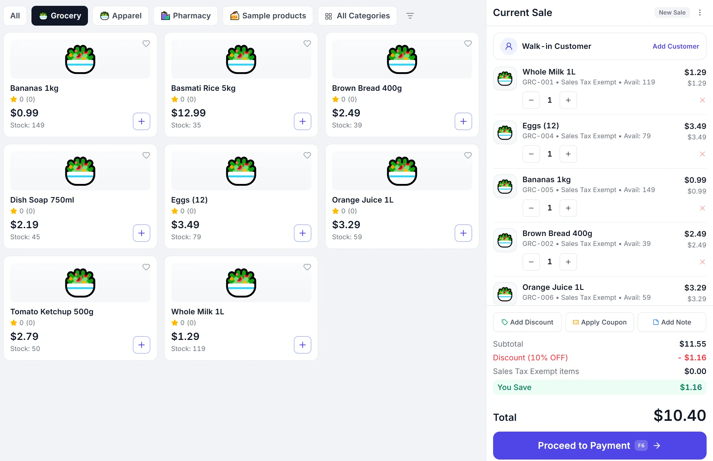 The PeppyBooks sales screen with a grocery basket, a discount and the total payable.