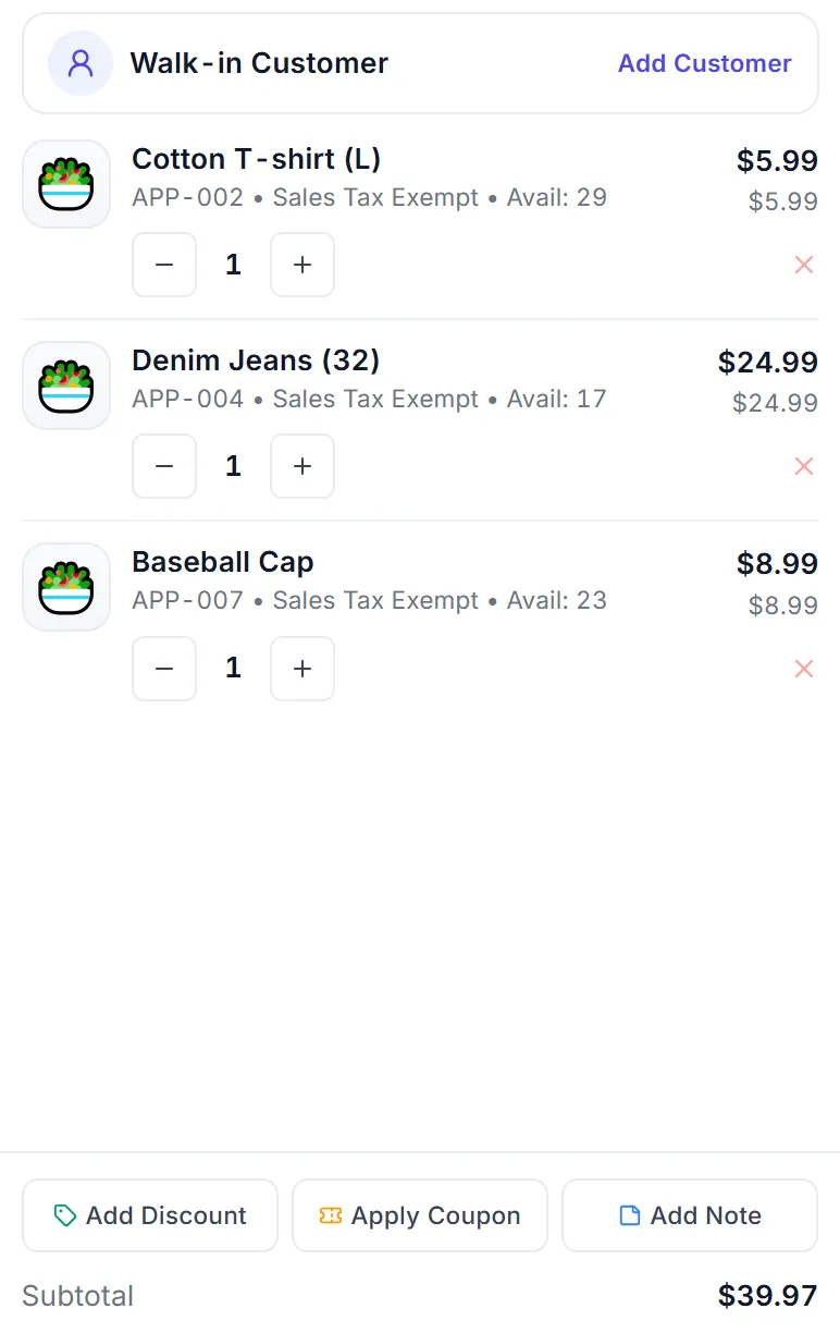 The POS in the apparel category: a cotton T-shirt (L), denim jeans (32) and a baseball cap in the bill.