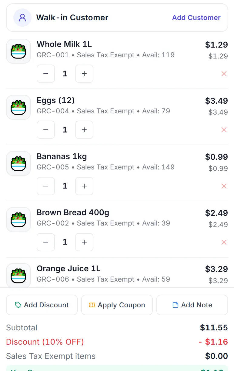 The POS in the grocery category: a five-item basket with milk × 2, a 10% discount and the total.