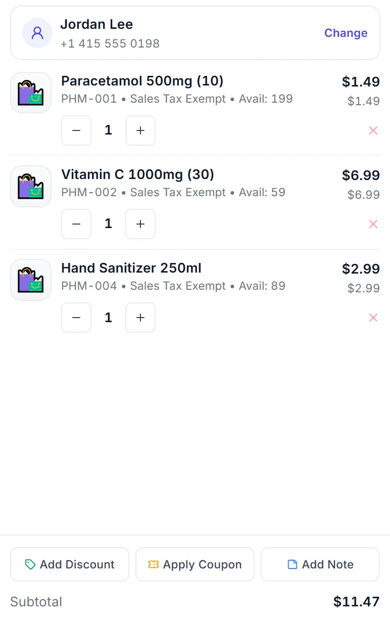 The POS in the pharmacy category: paracetamol, vitamin C and hand sanitizer billed to customer Jordan Lee.