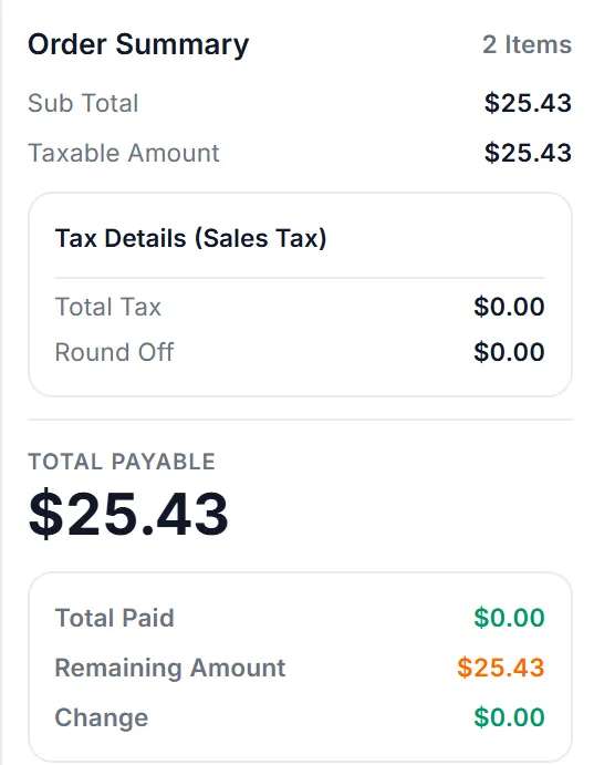 The payment screen: cash selected, amount received $25.43, total payable $25.43, complete sale.
