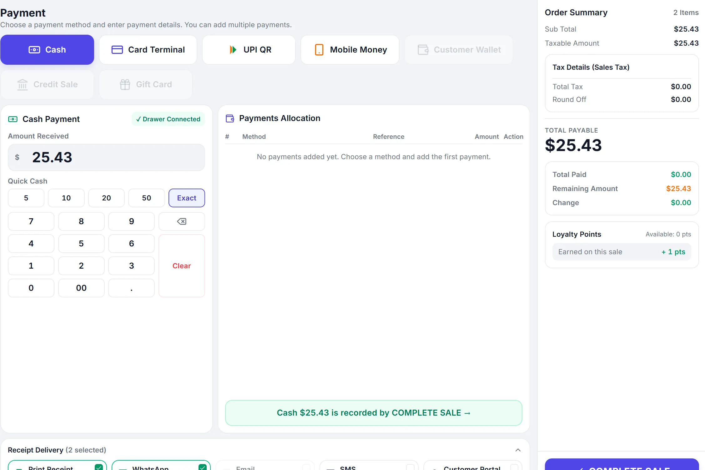 The payment screen: cash selected, amount received $25.43, total payable $25.43, complete sale.