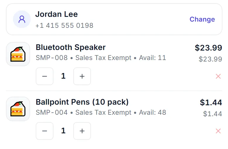 The current sale in the PeppyBooks POS: Jordan Lee, a Bluetooth speaker at $23.99 and ballpoint pens at $1.44, total $25.43.
