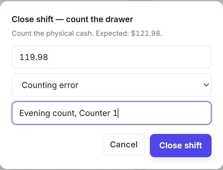 Closing a shift: the counted cash against the expected cash.