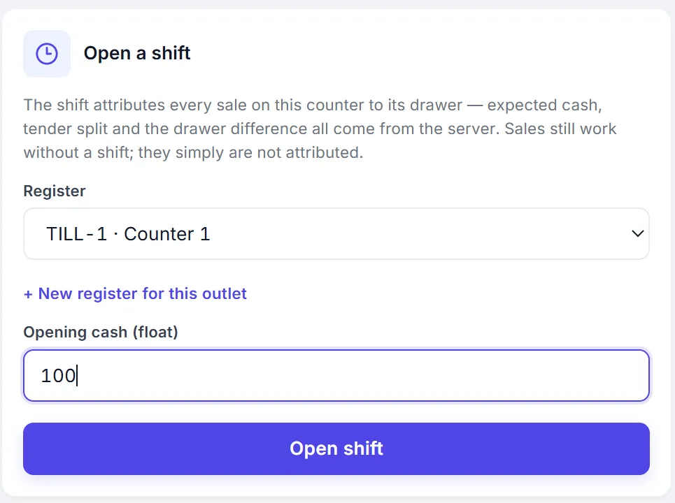 Opening a shift: register selection and the starting float.