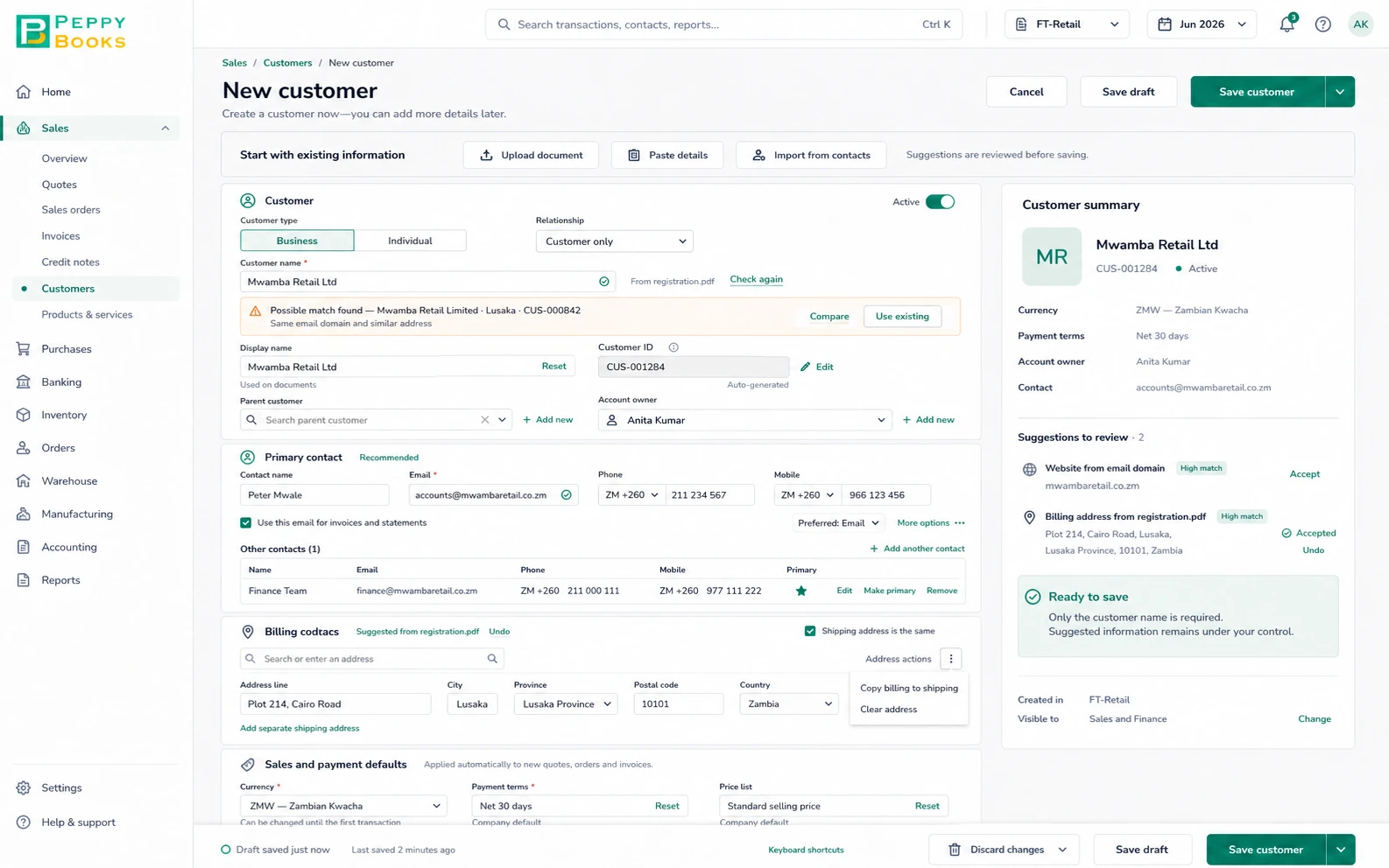 PeppyBooks new-customer screen — customer master with AI suggestions, duplicate-match detection and address auto-read from an uploaded document.