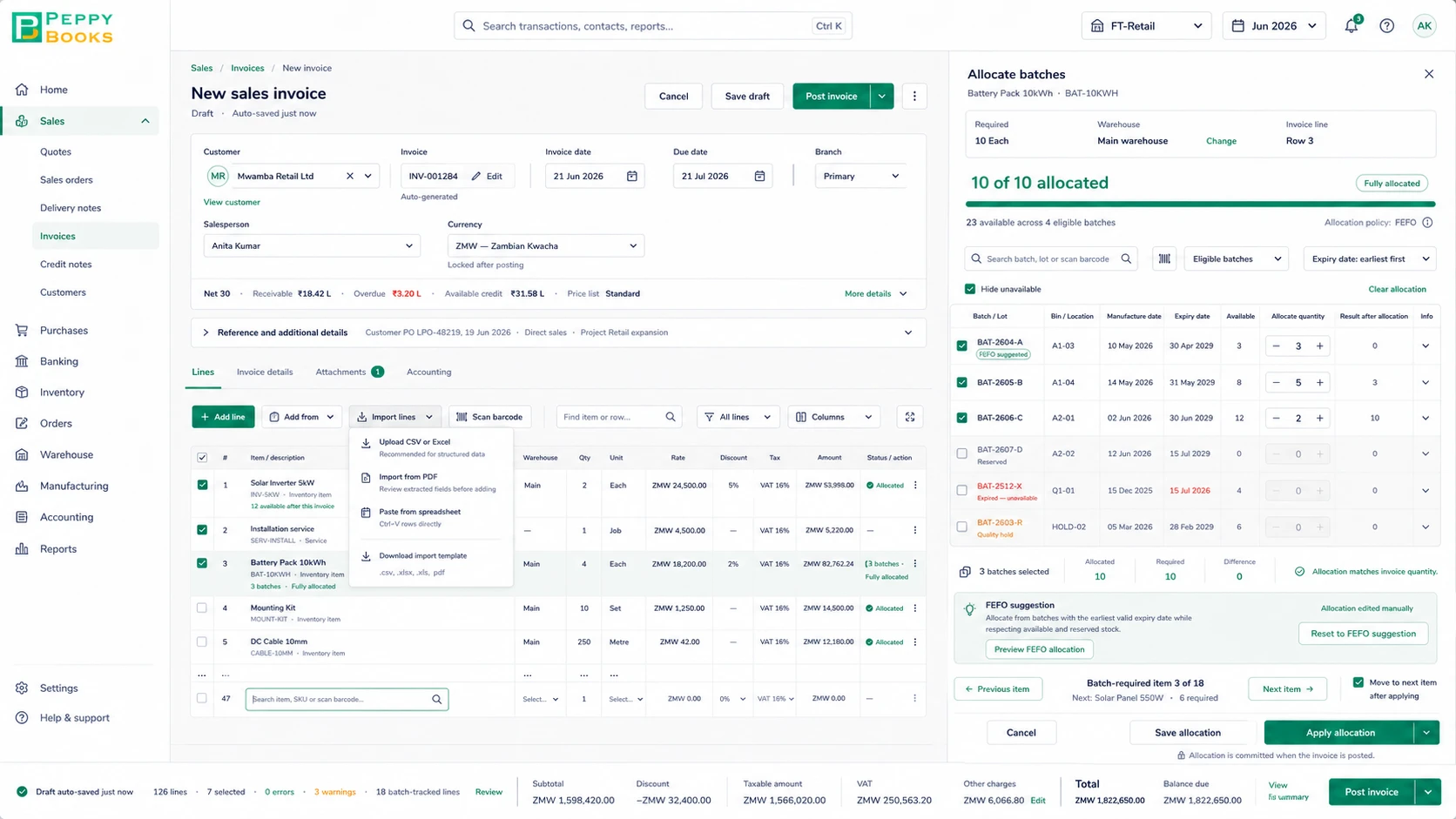 PeppyBooks new sales invoice — line items with VAT, and a batch/lot allocation panel using nearest expiry first by expiry date.