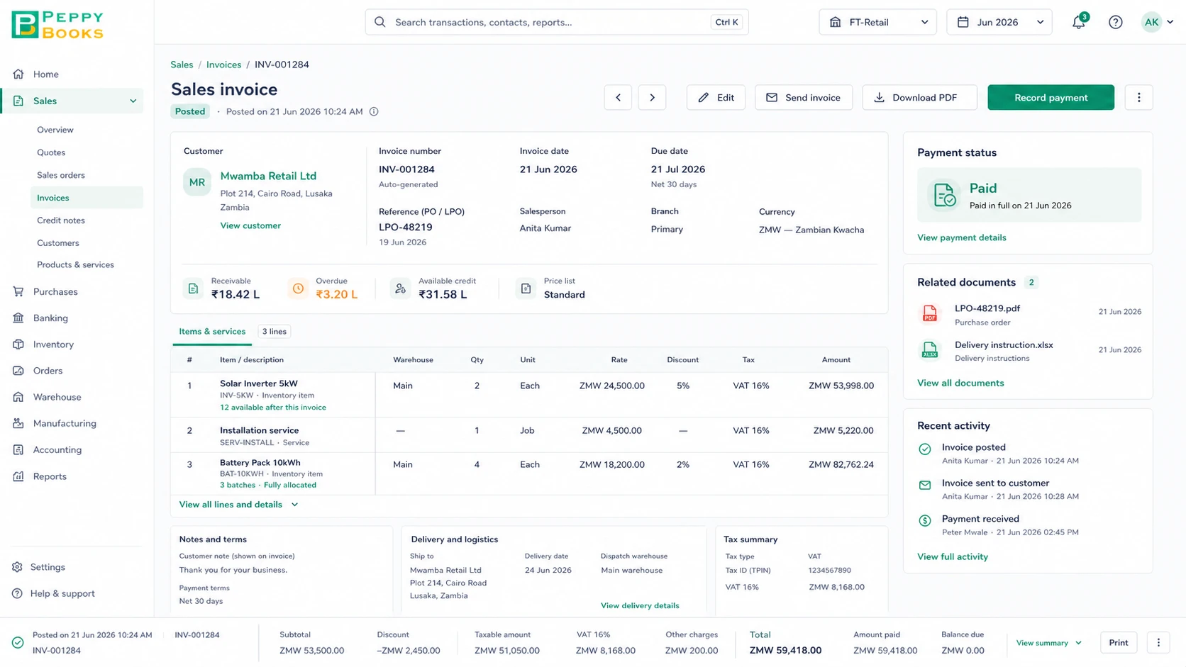 PeppyBooks posted sales invoice — paid in full, with tax summary, related documents and a full activity trail.