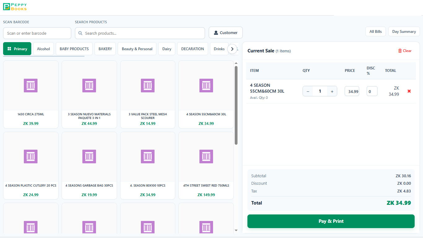 PeppyBooks POS terminal — barcode scan and product search, category tabs, and a live cart with subtotal, discount, VAT and Pay & Print.